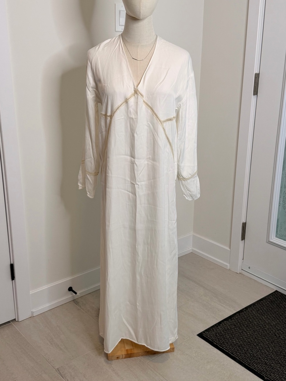 Zara Cream Long V-Neck Maxi Dress with Subtle Gold Trim